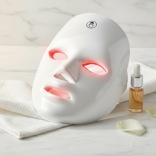 GlowLift LED Facial Mask on white marble countertop